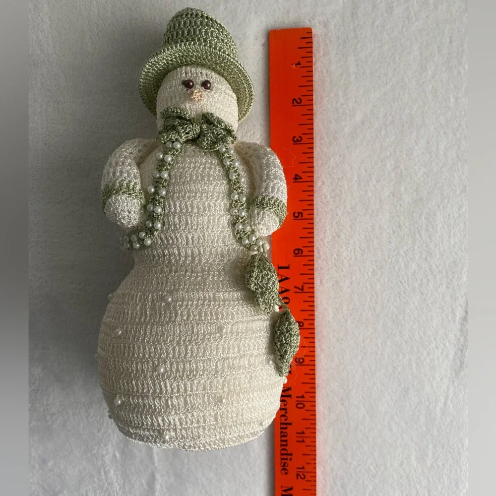 Delicate Crochet Snowman Figurine Cream White Green Pearls Victorian‎ Christmas